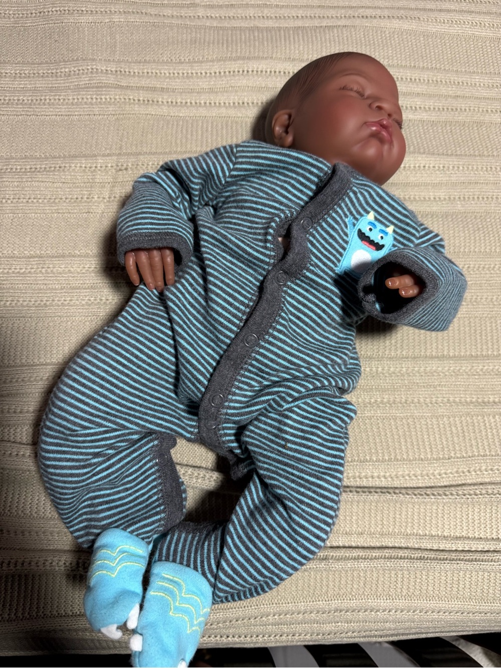Reno Aston Cassie reborn  Blue & Gray Striped Monster Patch Footed Onesie